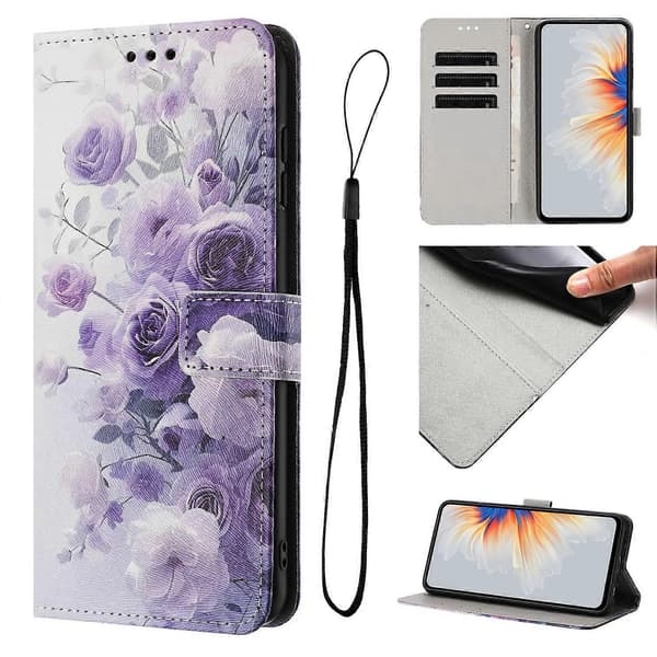 Telefoncover i tegnebogsstil til iPhone 17 Pro Max, trykt PU-læder telefoncover med snor (Lilla Rose)