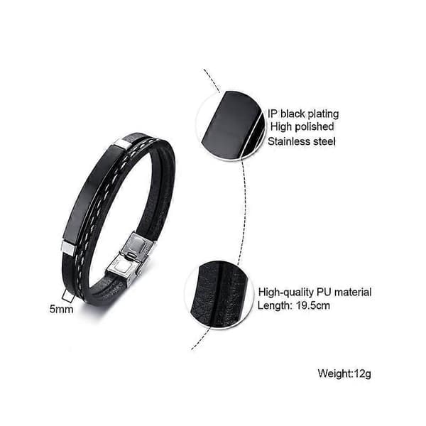 Herre Sort Multilags Læderarmbånd Charm Rustfrit Stål Bar Mand Kvinde Smykker, 3 stk