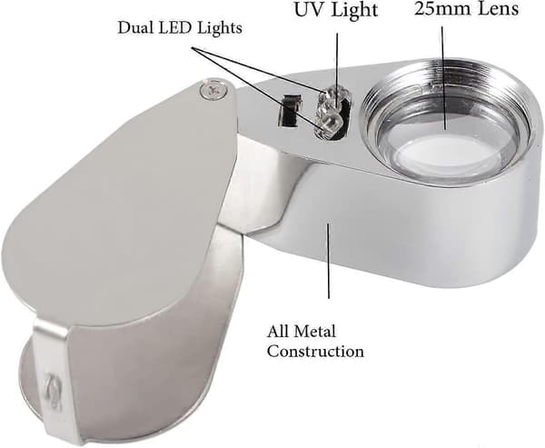 Juvelerlupe 40X Sammenfoldelig metal lupe med UV LED-lys til diamanter, juvelerer, mønter (valuta genkendelse/identifikation)