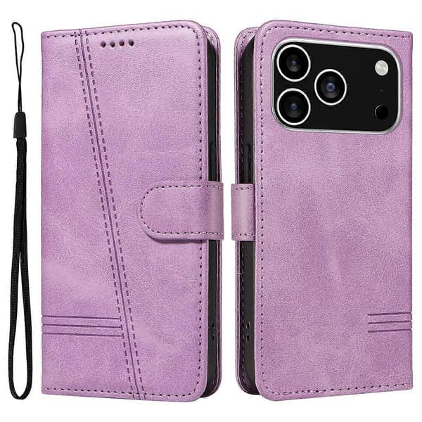 For iPhone 17 Pro Wallet Case T-Line Læder Telefon Beskyttelsesetui Holder (Lys Lilla, Lys Lilla)