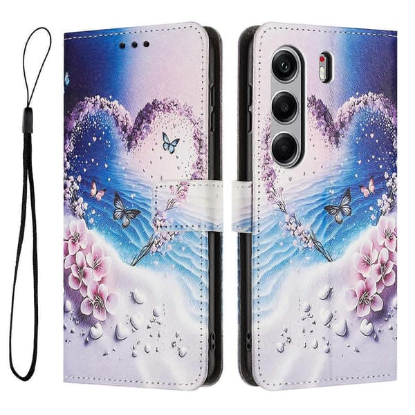 TECNO Camon 40 Pro 4G Plånboksfodral Tryckt PU Läder Fodral med Snodd (Hjärta Fjäril)