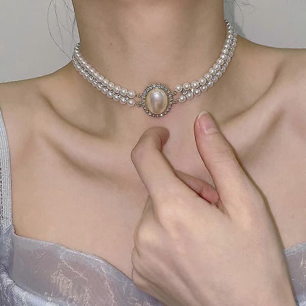 2-lags Boho Rhinestones Perle Kort Choker Halskæde til Kvinder Krystal Lagdelt Perlekæde Prom Bryllup Kostume Smykker til Kvinder