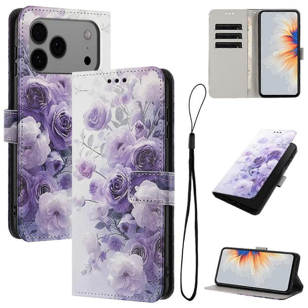 Telefoncover i tegnebogsstil til iPhone 17 Pro Max, trykt PU-læder telefoncover med snor (Lilla Rose)