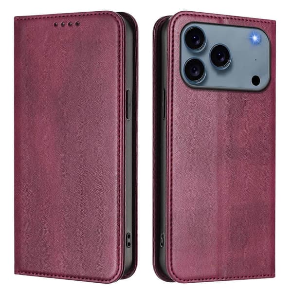 Vintage tekstur RFID-blokerende læder telefonbeskyttelsesetui til iPhone 17 Pro Max Wallet Case (vinrød, bordeaux)