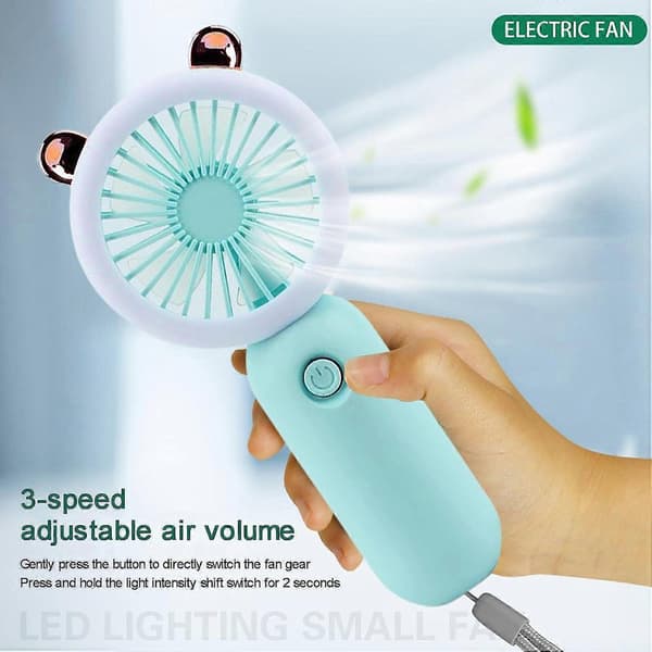 Mini Bærbar Ventilator, Bærbar LED Lysventilator - Håndholdt ventilator, Justerbar hastighed, USB-genopladelig med LED-natlys, Blå