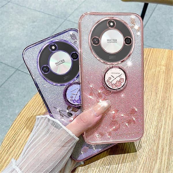 KADEM Fodral för Honor X60 5G med Ringfäste TPU Blomma Gradient Glitter Roséguld (Roséguld)