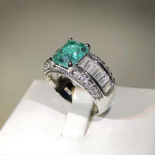 Diamant fuld ring grøn simuleret smaragd dame smaragd vedhæng firkantet