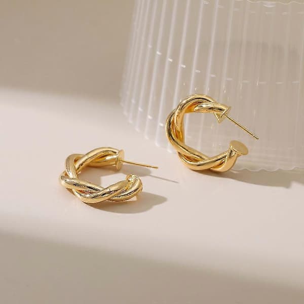 14K Guldpläterade 925 Sterling Silver Stift Vridna Creoler | Små Öppna Creoler | Flätade Creoler för Kvinnor