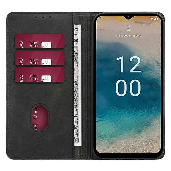 Læder Kalveskinds Mobiltelefon Beskyttelsesetui med Magnetlukning til Nokia G42 - Sort (Sort)