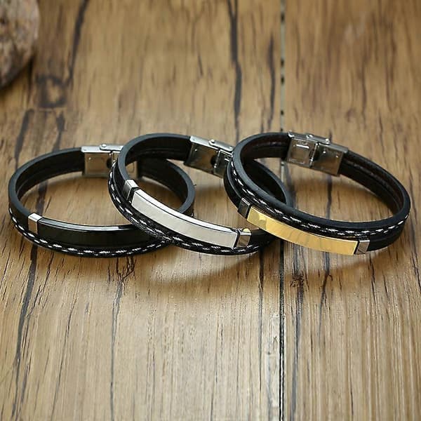Herre Sort Multilags Læderarmbånd Charm Rustfrit Stål Bar Mand Kvinde Smykker, 3 stk