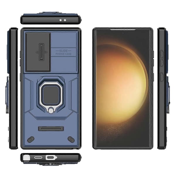 För Samsung Galaxy S24 Ultra Mobilskal Anti-fall PC+TPU Ställ med Skjutbart Linsskydd (Blå)
