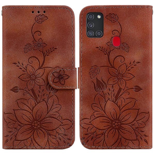 Galaxy A21s Premium Flip Plånboksfodral med Emed Lily Design PU Läderfodral och Kortplats Kompatibel med Galaxy A21s (Brun)