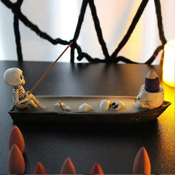 Dødningehode Båt Røkelsesholder Gotisk Resin Figur Halloween Festdekor for Kontorrom Skrivebord Ornament