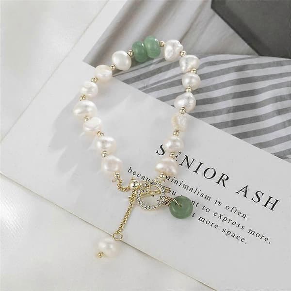 Perle Jade Justerbart Armbånd Grøn Sten Barok Smykker Guldfarvet Led Charm. Vintage Perle