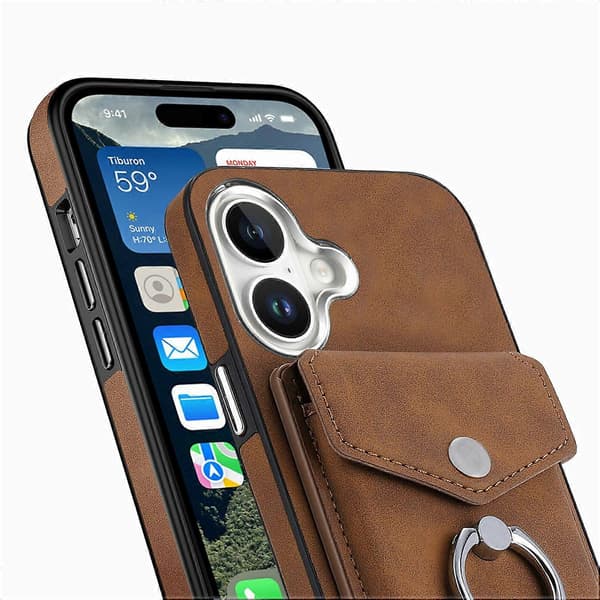 För iPhone 16 Plus Mobilskal Ringstativ Läderbelagd TPU Baksida med Korthållare - Brun (Brun)