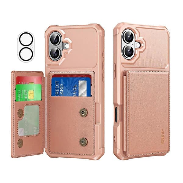 Plånboksfodral för iPhone 16 med kortfack PU-läder + Baksida Skal med kameralinsskydd (Roséguld)