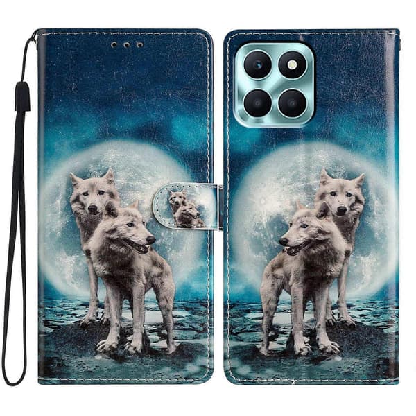 Honor X6c 4G Plånboksfodral PU Läder Tryck Ställ Telefonfodral med Rem (Flerfärgad, Dubbel Varg)