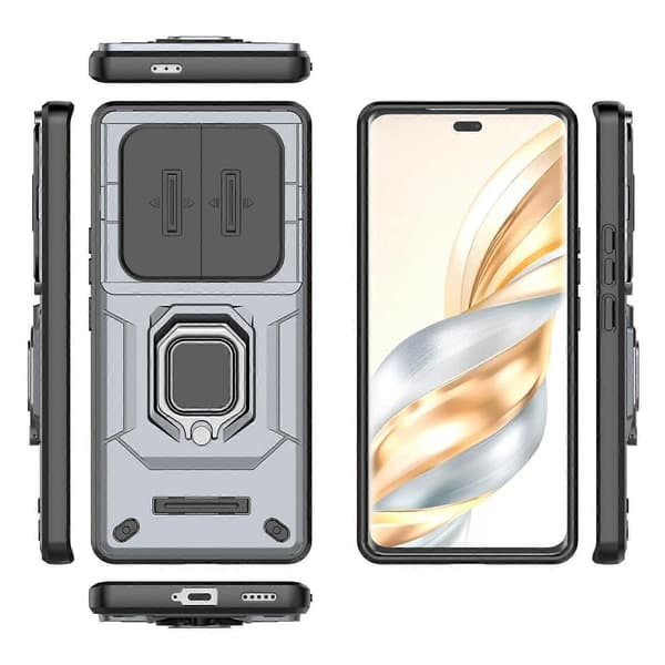 Honor X60 Pro 5G -puhelimen suojakotelo PC + TPU -jalustalla ja linssinsuojuksella - harmaa (harmaa)