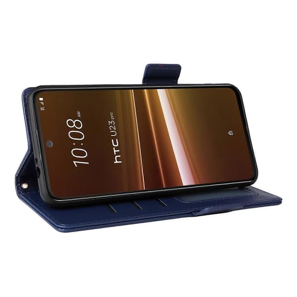 Litchi tegnebog stativ PU læder telefoncover til HTC U23/U23 Pro 5G - Mørkeblå (Mørkeblå)