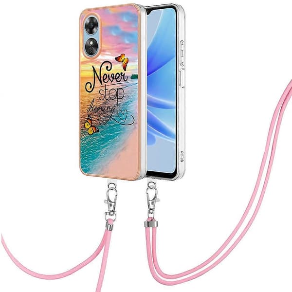 For Oppo A17 4G mobiltelefondeksel med snor IMD marmor elektroplettering TPU bakdeksel