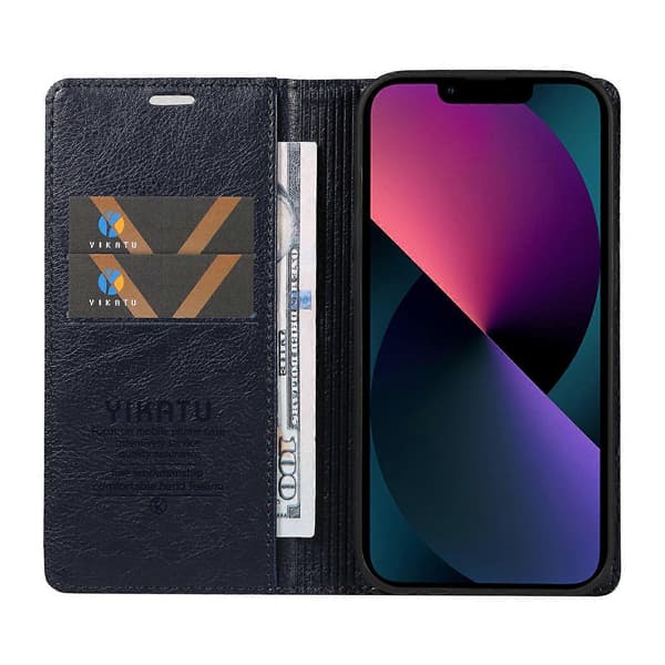 YIKATU YK-006 til iPhone 13 Wallet Case Anti-Scratch Læder Telefon Beskyttelsesetui (Havblå, Marineblå)
