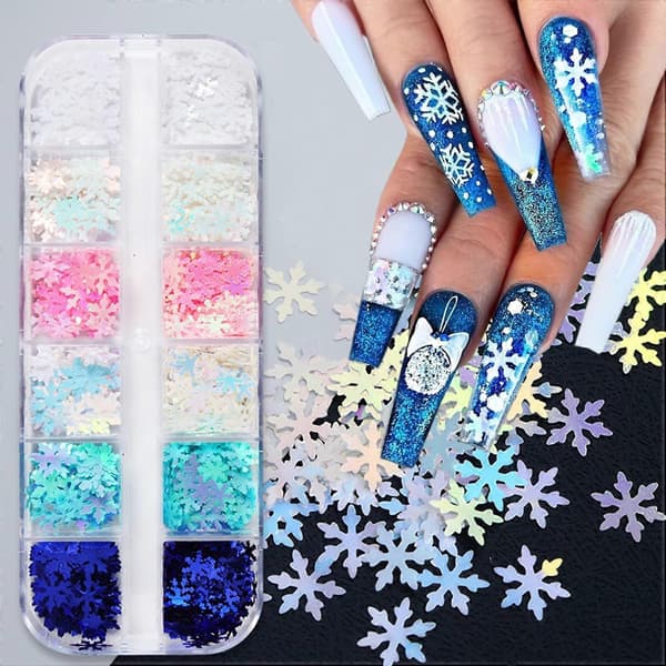 12 rom Snøfnugg Neglekunst Paljetter Jul Snøfnugg Glitter Neglepaljetter