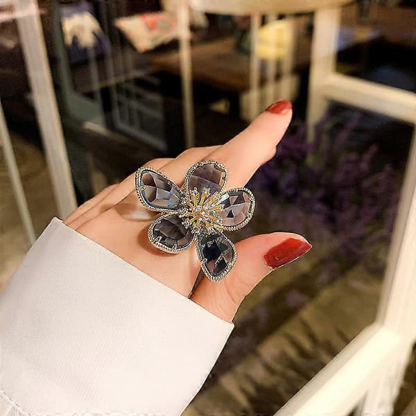 Rhinestone Stor Blomsterring Dame Retro Søt Krystall Gull + Grå