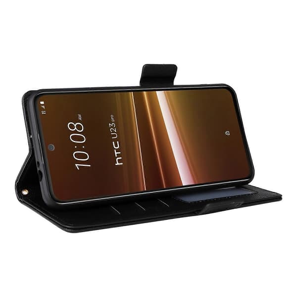 Litchi tegnebog stativ PU læder telefoncover til HTC U23/U23 Pro 5G - Sort (Sort)