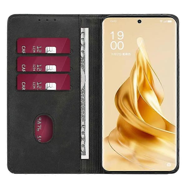 Kalveskinds tekstureret lædercover med kortholder til Oppo A78 4G - Sort (Sort)