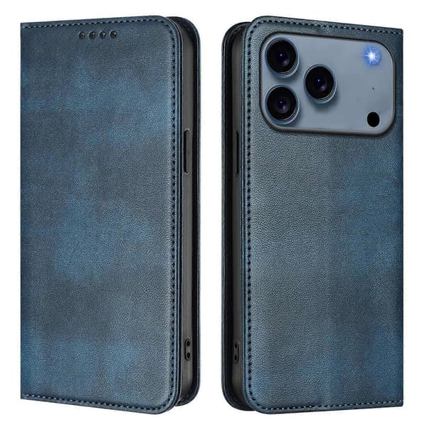 Vintage tekstur RFID-blokerende læder telefonbeskyttelsesetui til iPhone 17 Pro Max Wallet Case (blå, blå)