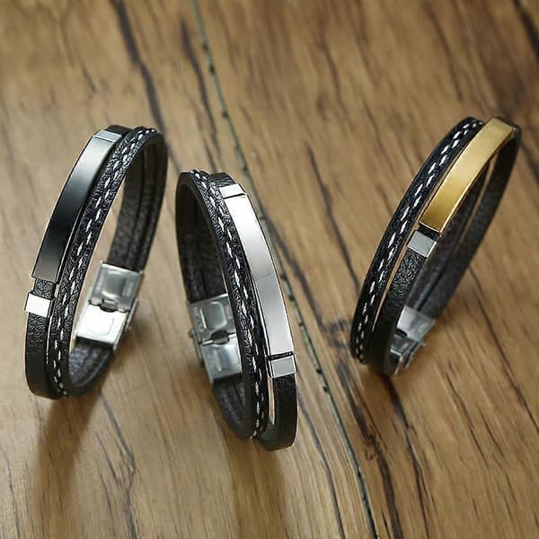 Herre Sort Multilags Læderarmbånd Charm Rustfrit Stål Bar Mand Kvinde Smykker, 3 stk