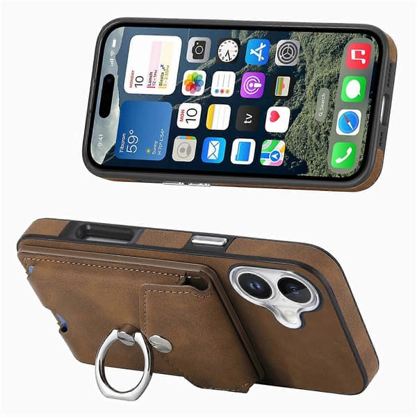 För iPhone 16 Plus Mobilskal Ringstativ Läderbelagd TPU Baksida med Korthållare - Brun (Brun)