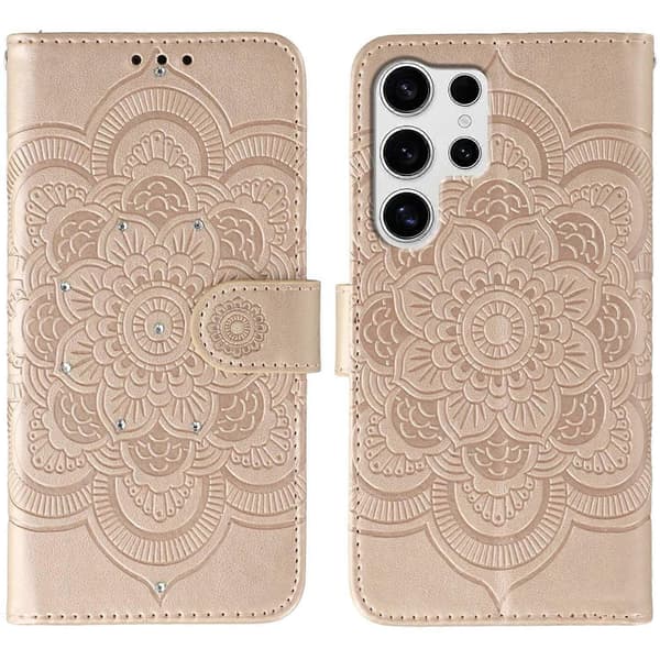 För Samsung Galaxy S25 Ultra Mobilskal Strass Dekoration PU Läder Mandala Tryck Design Mobilskyddsfodral Rem