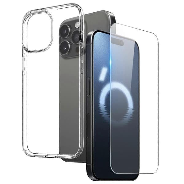 NORTHJO iPhone 16 Pro Läpinäkyvä TPU-puhelinkotelo Karkaistu lasi näytönsuoja -setti