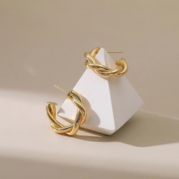 14K Guldpläterade 925 Sterling Silver Stift Vridna Creoler | Små Öppna Creoler | Flätade Creoler för Kvinnor