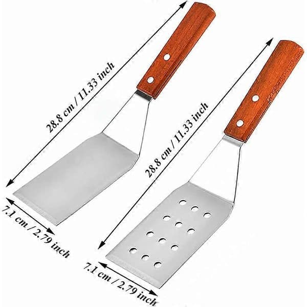 Spatelsett i rustfritt stål, grillspatel, grillspatelsett i rustfritt stål med trehåndtak for Teppanyaki, grill, biff, pizza (Stor 2 stk)