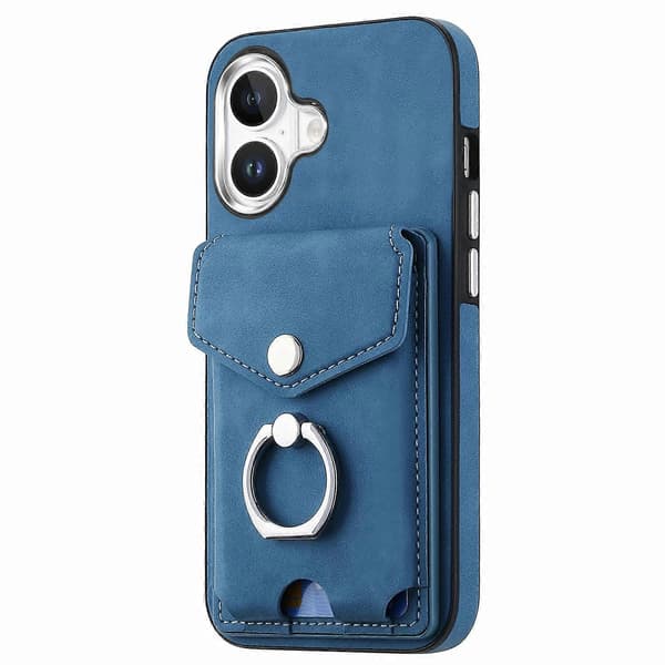 För iPhone 16 Plus Mobilskal Ringstativ Läderbelagd TPU Baksida med Korthållare - Blå (Blå)