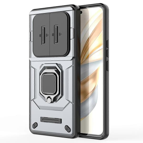 Honor X60 Pro 5G -puhelimen suojakotelo PC + TPU -jalustalla ja linssinsuojuksella - harmaa (harmaa)