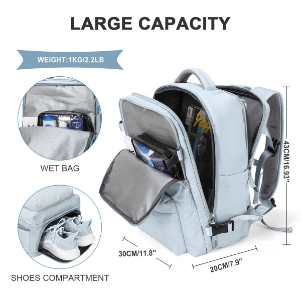 Stor resväska handbagage flygplansgodkänd bärbar dator arbetsaffärsryggsäck för kvinnor män Light Grey