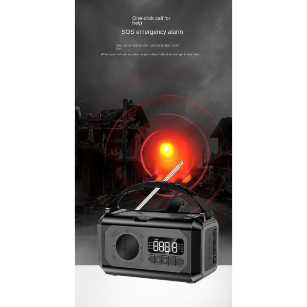 Nödhandvevsradio - inbyggd ficklampa, solcell, 12000mAh Power Bank Black