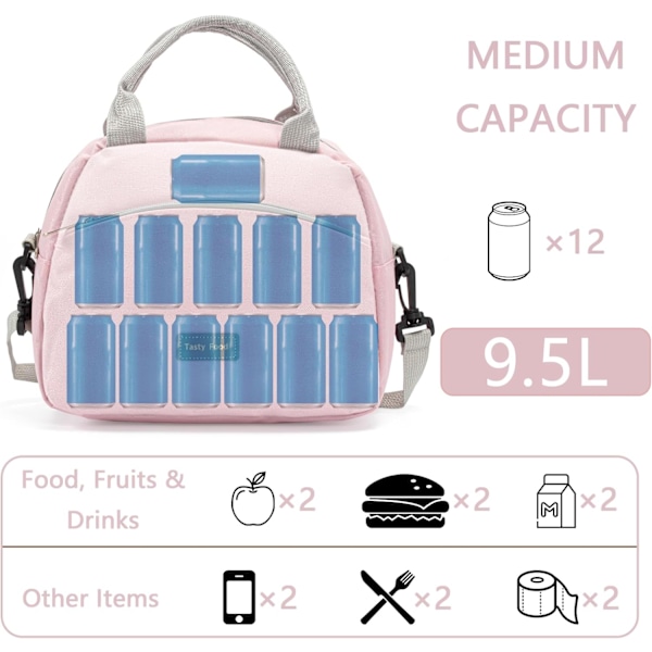 Isolerad lunchväska för kvinnor, vit liten matkasse för damer, lunchväska för vuxna Pink