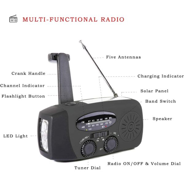 Bærbar nødradio, Wind Up Solar Radio Håndsving-drevet vejrradio med AM/FM-tuner, USB-telefonoplader
