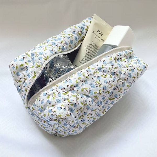 Blomstret Puffet Quiltet Makeup Taske Stor Rejsetaske til Kosmetik BLÅ BLUE
