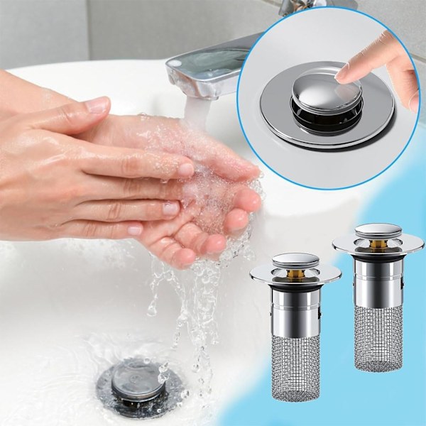 2 stk. Pop-up vaskestop, hårfælde til håndvask, universel håndvaskprop med aftagelig si i rustfrit stål Plastic core