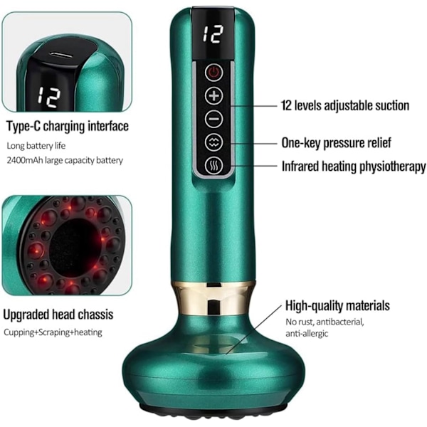 Smart Koppningsmassageapparat – 12 Justerbara Värme- & Tryckinställningar | Gua Sha + Snabbladdning | Professionell Avkoppling Hemma 12 växlar grön 12 gears green Red light