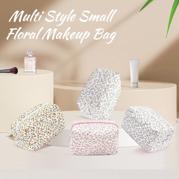 Lille Makeup Taske, Bomuld Bærbar Kosmetikpung, Quiltet Blomster Kosmetik Taske Vask Organiseringspose til Kvinder Piger Damer Orange
