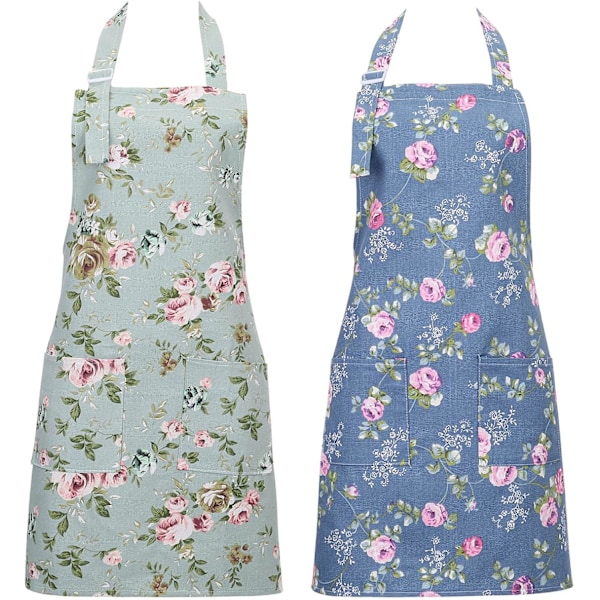 2-pakning kjøkkenforklær for kvinner, justerbart blomstrete forkle, kokke- og bakeforkle for matlaging, baking, hagearbeid (Blomstrete)