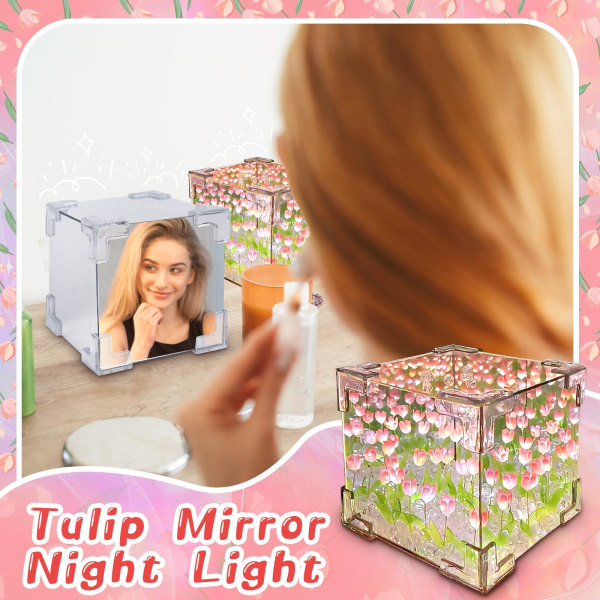 DIY Tulipan Kubus Spejllampe, Infinity Spejl Blomsterlampe, Ammelampe, Dæmpbar Tulipan Nattelys, Blomster LED Nattelys pink