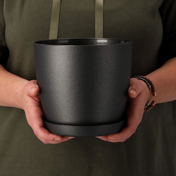 Blomsterpotter 6 farger 8 størrelser Matte Plastpotter Potte + Fatbrikke Deko (Svart Grafitt Matt, 12 cm)