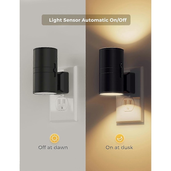 2-pak LED Natlampe med Stikkontakt, Moderne Natlamper til Stikkontakt, Skumringssensor, Blødt Hvidt 3000K, 0-100LM Justerbar Lysstyrke, Dæmpbar Natlampe